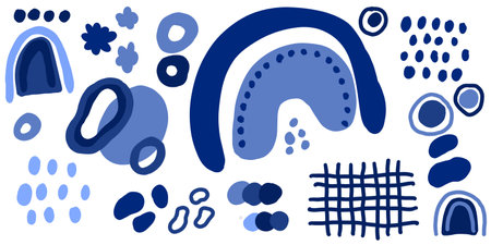 Hand-drawn abstract design elements in blue tones. Blue pattern of lines and dots in scribbles. Organic shapes on a white background. Minimalistic style cover template.の写真素材