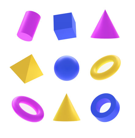 Set of basic shapes. 3d render white geometric shapes isolated on white. geometry elements. Basic collection of purple figures for school and education. colorful modern conceptの写真素材