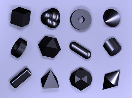 Set of 3d render realistic primitives on purple background. Isolated graphic elements. Spheres, torus, tubes, cones and other geometric shapes in metallic violetcolors.の写真素材