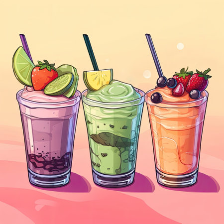 Set of refreshing summer drinks. Fruit smoothies garnished with fresh strawberries, lemon wedges. Colorful illustration in sketch or cartoon style. AI generatedの素材