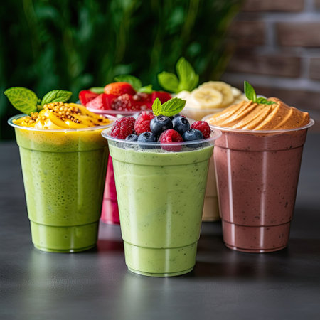 Delicious fruit cocktails on table. Set of smoothies in different cups. Superfoods and health or detox diet food concept. AI generatedの素材