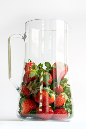 Natural strawberries in a jug close-up with sun glare. Fashionable design design, presentationの写真素材