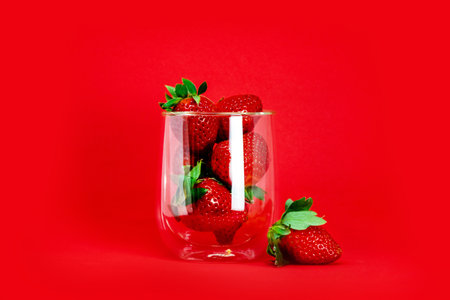 Glass of fresh ripe strawberries on red background with copy space for text. Sun glare on the berry and glass. Deep red Romantic background.の写真素材