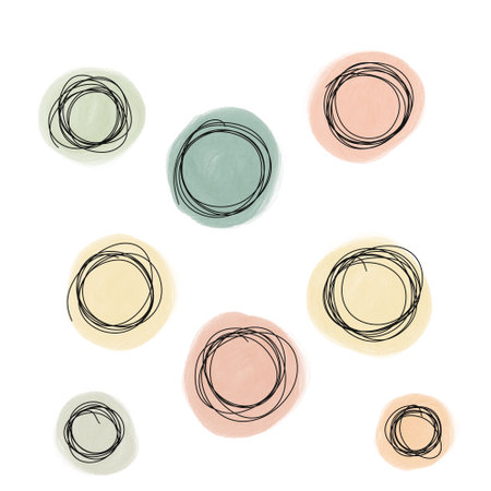 Watercolor background with multi-colored round shapes. Set of continuous line swirled doodles.の写真素材
