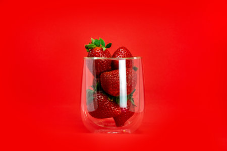 Strawberries in a glass transparent beaker on a red background. sunglare. romantic background.の写真素材