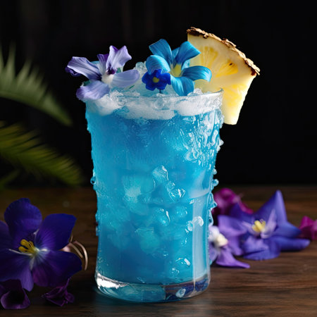 Cocktail blue hawaii on a blurred background decorated with flowers on table. Generative AIの素材