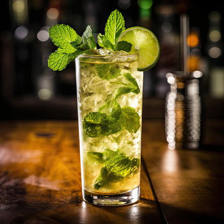 Mojito cocktail with lime on a wooden table. blur background. cooling drink. AI generatedの素材
