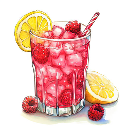 Raspberry lemonade with ice cubes and lemon slices on white backgrouns. watercolor sketch. Summer cold drink with raspberries. AI generated.の素材