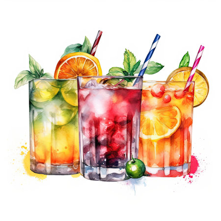Tropical summer alcohol cocktails with different fruits and berries on white background. watercolor drawing. AI generatedの素材