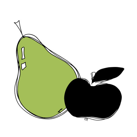 Green pear and apple silhouette on a white background. vector linear illustration. Sketch. Doodle.のイラスト素材