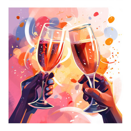 Watercolor illustration of two glasses of wine, the hands of a man and a woman. Champagne Festival. retro style. AI generatedの素材