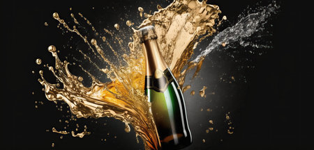 A bottle of sparkling wine, splashes of champagne on a dark background. Design of an invitation, postcard, background screensaver. AI generated.の素材