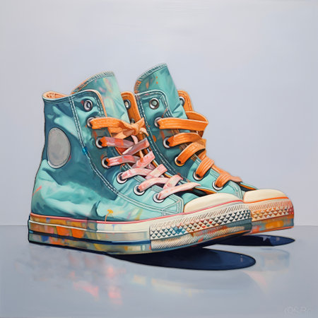Sneakers, illustration on a blue background. Modern, fashionable shoes for every day. Style design. AI generated.の素材