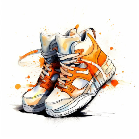 A pair of orange paints on a white background. Stylish Sneakers. watercolor painting. AI generated.の素材