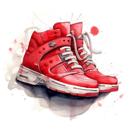 Watercolor red sneakers pair of shoes. Modern, fashionable shoes for every day. AI generated.の素材