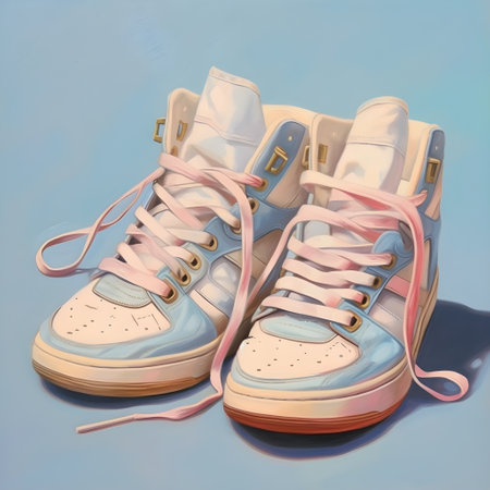 A pair of sneakers on a blue background, watercolor illustration. Modern, fashionable shoes for every day. AI generated.の素材