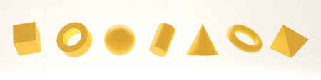 Set of basic shapes. 3d render yellow geometric shapes isolated on white. geometry elements. Basic...