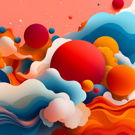 Abstract multi-colored background. Floating figures illustration. Fantasy, landscape. Modern design for playrooms, covers, holiday events. AI generatedの素材