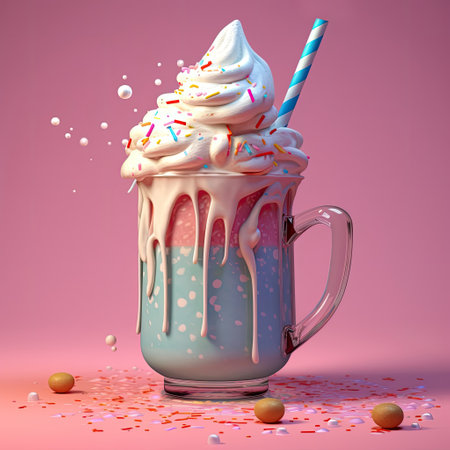 Pink milkshake in mason jar. Turquoise pink cocktail. Design of an invitation to a childrens holiday. AI generated.の素材