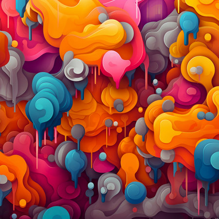 Abstract colorful background with vibrant colored paint drips. Multi-colored blob shapes, variety of shapes. Trendy abstract paper cut out background. AI generated.の素材