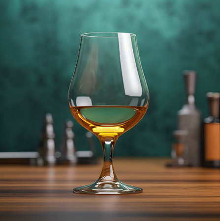 Cognac glass on the table. Tasting advertisement. AI generated. Blurred background of bar utensils. AI generatedの素材