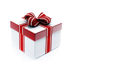 Gift box tied with a red ribbon on a white background, copy space. Stylish product packaging, presentation. Festive design concept. AI generatedの素材