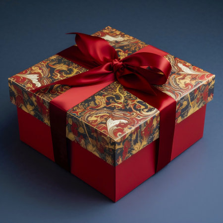 Stylish gift box tied with a ribbon on a blue background. Stylish eco-packaging of goods, presentation. Festive design concept. AI generatedの素材