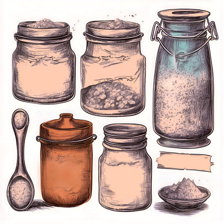 Hand drawn Sea salt in jars and vessels, vintage sketch. A set of storage containers and a spice spoon. AI generatedの素材