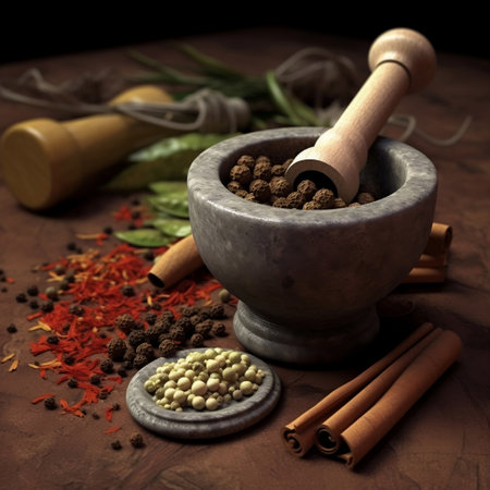 Spices. Mortar and pestle with peppercorns on blur background.Peppers set.Vintage style. exotic spices. Sketch for a poster. modern interior design. AI generated.の素材
