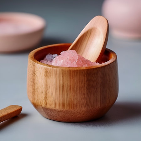 Himalayan pink salt in eco bowl with wooden spoon on the table. Blurred background with crockery. Design for spa gift certificates, cover, culinary projects, presentations.の素材