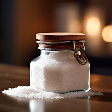 Large sea salt in a glass jar on a wooden table. Blurred brown background. Design for spa certificates, covers, culinary projects. AI generated.の素材