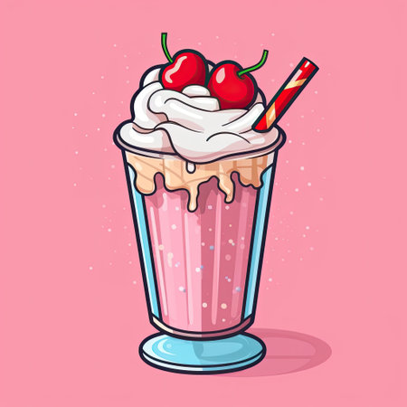 Milkshake on a pink background. Berry dessert garnished with cream and berries. AI generated.の素材