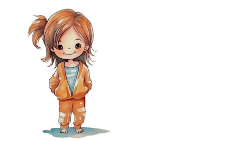 Cute red-haired girl in pajamas and barefoot on a white background with space for text. Child in orange suit, watercolor texture. Design for cover, postcard, invitation. AI generated.の素材
