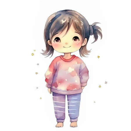 Cute cartoon anime girl in pajamas and barefoot. Child in purple pajamas on white background, watercolor texture. AI generated.の素材