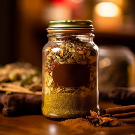 Natural dried herbs and spices in a glass jar. Star anise, cinnamon sticks, on a wooden table. Still life, bokeh effect. Aromatherapy and relaxation. Design of events, covers, culinary projects. AI generated.の素材