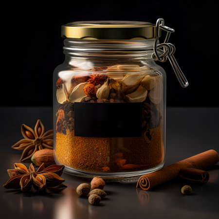 Glass jar with natural spices. Star anise, allspice, cinnamon sticks on the table. Composition for cover design of culinary projects. AI generated.の素材