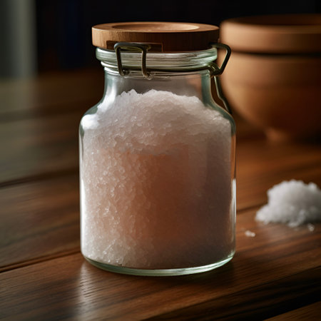 Glass jar with Himalayan salt. Blurred brown background. A pile of coarse sea salt on a wooden table. Modern concept of a healthy lifestyle. Design for spa certificates, covers, culinary projects. AI generated.の素材
