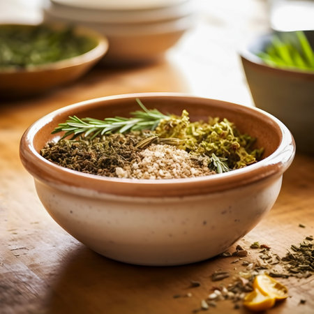 A mixture of spices and a sprig of rosemary in a rustic clay bowl. selective focus. AI generatedの素材