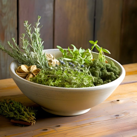 Provence herbs in a bowl on a rustic table. natural spices. The concept of healthy food, green tourism. AI generated.の素材