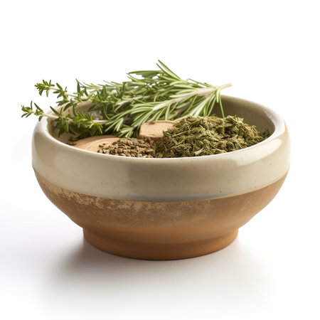 Mix of dried herbs in rustic ceramic bowl isolated on white background. Space for text. AI generatedの素材