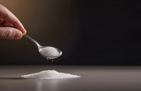 White salt in a spoon on a black background in the hand. A slide of seasoning on the table. AI generated.の素材