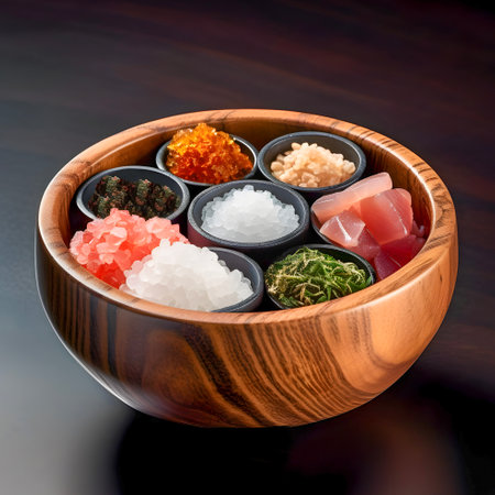 Salt bowl with various flavored salts and spices. Seasonings and spices in a rustic plate on a table.の素材