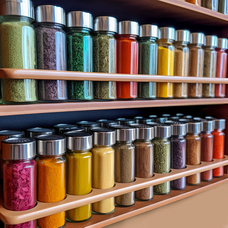 A set of glass jars with different spices and herbs. season collection. Selective focus, blur. AI generated.の素材