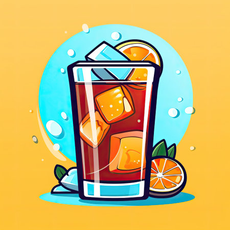 Ice tea cocktail. icon. Summer cold drink with lemon and ice. cartoon style illustration.の素材