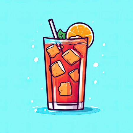 Glass of Long Island cocktail with ice on a turquoise background. cartoon style illustration. icon.の素材