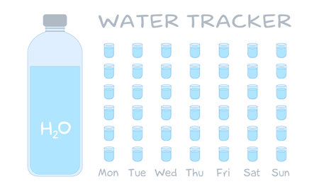 water tracker. Water Balance Calendar. Water weekly tracker. Monday to Sunday. Hydration Challenge. Flat vector illustration on a white background. Drinking water checklist with bottle and cups.のイラスト素材