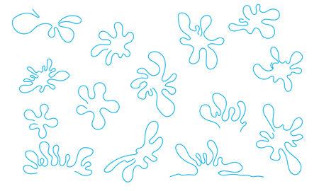 Set of water splashes. vector illustration. Collections of different blots or splashes linear art. blue outline. Doodle water illustrations.のイラスト素材