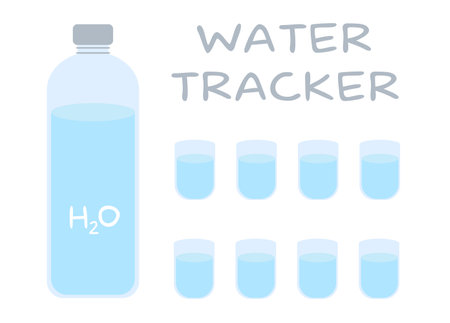 water tracker template. drinking water checklist. Water tracker with bottle and eight cups. vector illustration. health concept.のイラスト素材