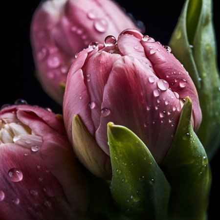 Peony purple tulip. Bouquet of flowers on a black background. spring flowers. Generative AIの素材