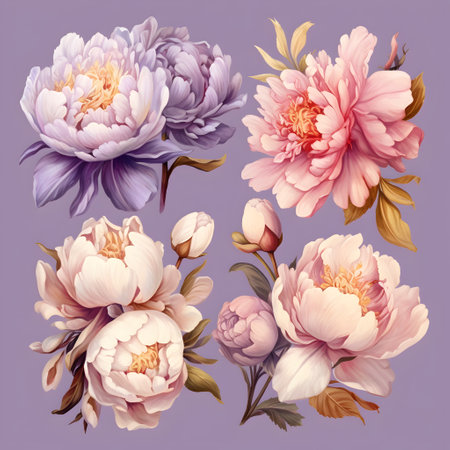 Peony, set of isolated flower illustrations. Lilac Floral background. Suitable for cover, textile, decoration. Generative AIの素材